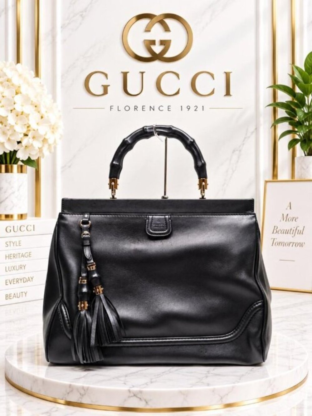 Authentic Gucci Black Leather Bamboo Handle Tassel Top Handle Satchel Bag